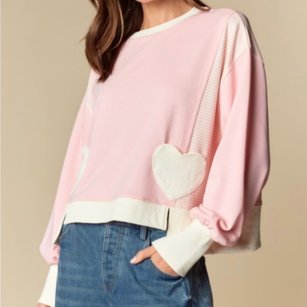 NWT Pink Heart Patch Cozy Pullover Sweatshirt M